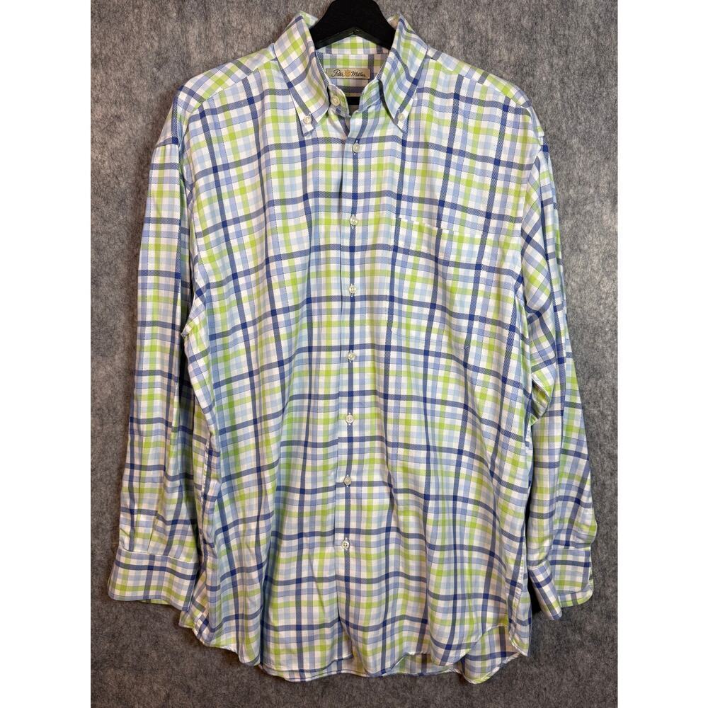 Peter Millar Large Blue Green Plaid Button Down Casual Dress Shirt - Large